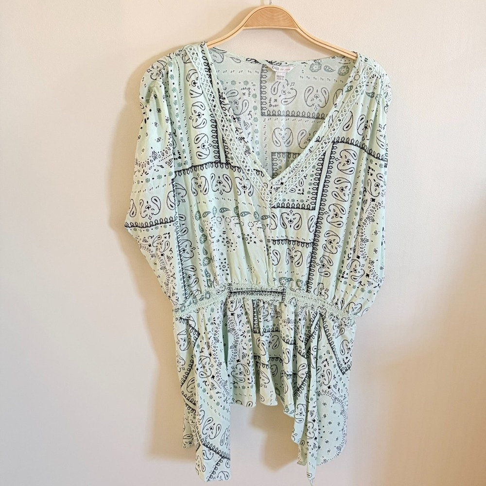 Babydoll Top Cato Y2K Mint & White Womens Sz 18/20 Black Bandana Fringe 90s